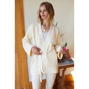Emerson Fry Wrap Sweater Womens Medium Ivory Ribbed Belted Organic Cotton $298